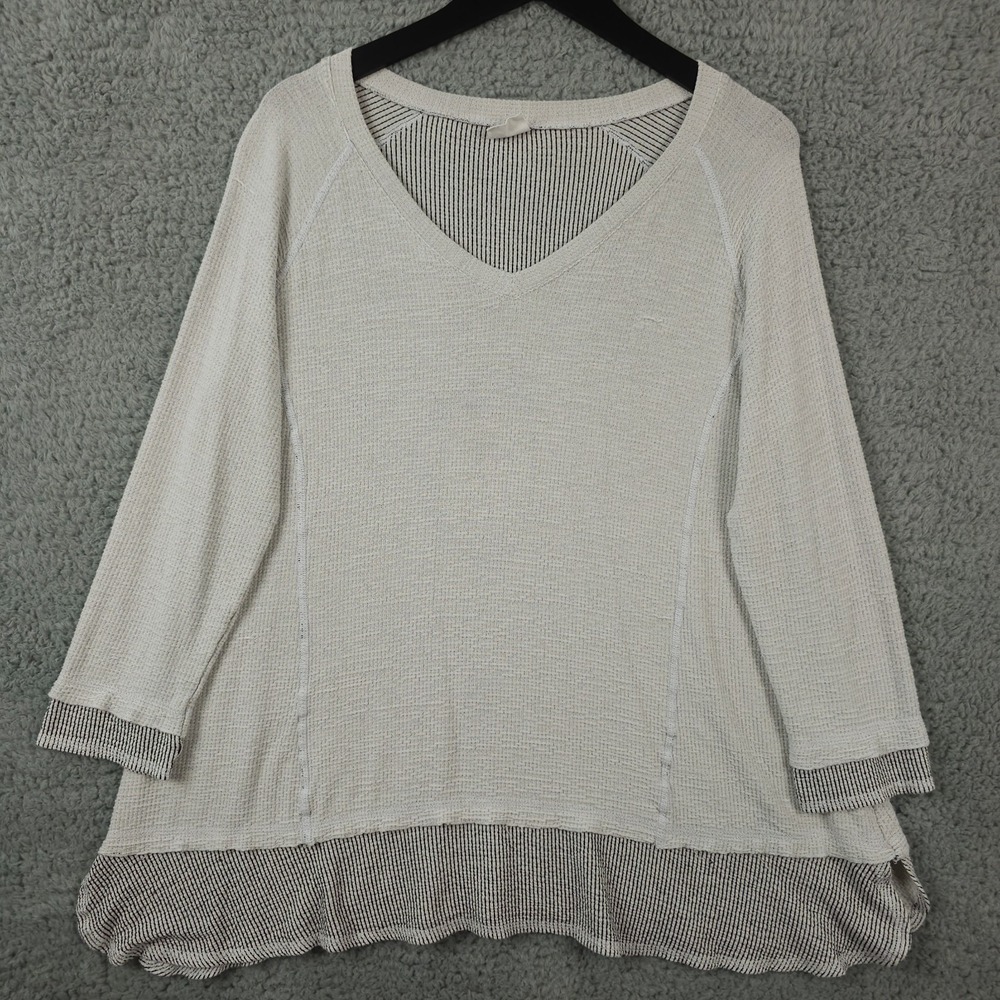 Et Lois Tunic Top Womens Medium White Black Striped Waffle Thermal Knit Vโ Neck